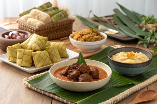Elegant Hari Raya food spread featuring ketupat nasi and savory beef rendang, showcasing traditional Malaysian cuisine.