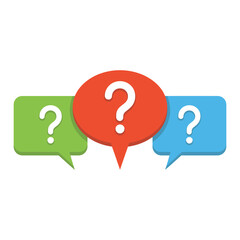 Colorful question mark speech bubbles in red green and blue for questions or problems icon