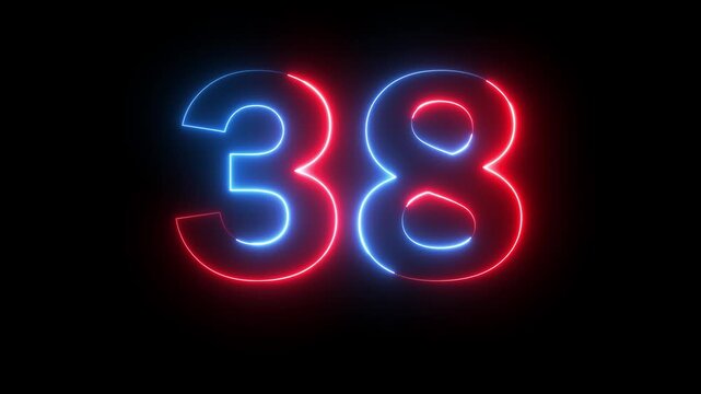Neon red blue color Number 38 text icon animation education mathematic digit count finance countdown icon sign symbol on black background