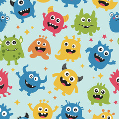 Naklejka premium Colorful monster pattern with diverse expressions in a light blue background. Cute, happy monsters in various colors pose playfully against a light background.