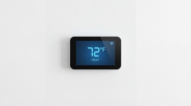 Modern smart thermostat displaying a warm heating temperature of 72 degrees Fahrenheit and an active wireless connection icon against a pristine white