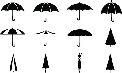 Umbrella silhouettes set, open and closed parasol icons collection, black isolated rain protection symbols on white background illustration © Rabbi Creative