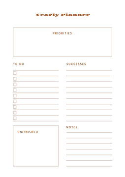 Minimalist abstract monochtome planner. Daily, weekly, monthly planner template. Blank printable vertical notebook page with space for notes and goals