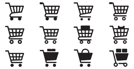 Supermarket trolley icons set various shopping cart styles with different loads and wheel positions © Md
