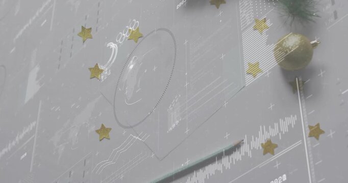 Upon dotted circle appearing, graphics animating around pencil, confetti enhancing holiday stats