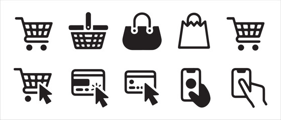 Collection of black vector icons representing online shopping and payment concepts