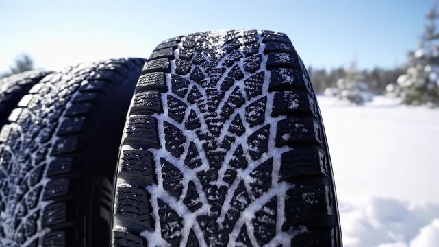 Close up of winter car tires tread covered with snow on sunny day