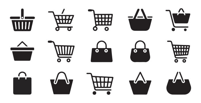 Set of various shopping baskets and bags in solid black design for retail and e-commerce illustration