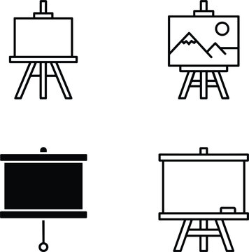 Presentation and projection board icons with easel canvas screen and image display symbols minimal black vector illustration set