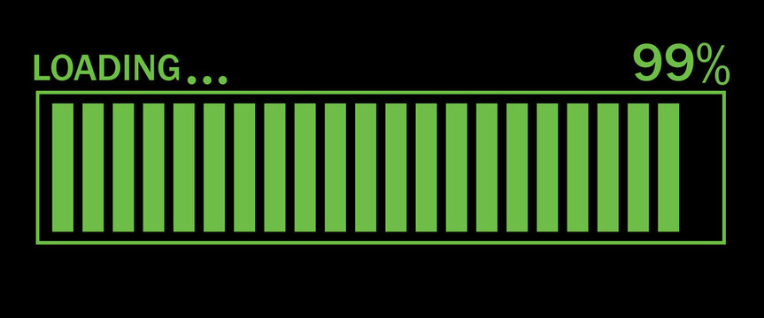 Vector illustration of a green loading bar isolated on a black background for websites and graphic resources. 99% loaded bar.