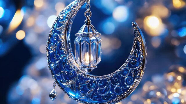 A decorative crescent moon lantern with a detailed pattern and hanging crystals.