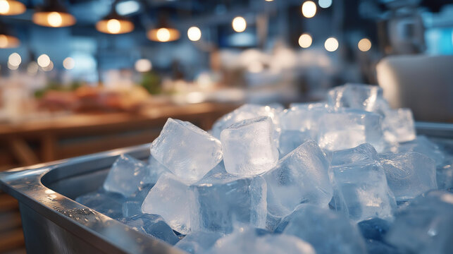 An industrial ice machine filled with fresh ice cubes catches attention in a seafood restaurant, underlining its critical function in food preservation and service for maintaining freshness among