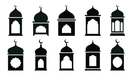 Collection of elegant silhouette designs featuring mosque domes and minarets with crescent moons on top islamic architecture elements © loveley0190