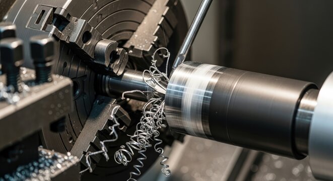 Precision metal turning on a CNC lathe machine, close-up shot showing spiral aluminum or steel chips (swarf) being generated from a rotating workpiece during high-speed machining.