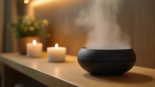 Modern essential oil diffuser on wooden shelf with candles