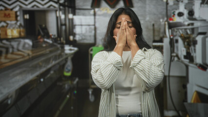 Fototapeta premium Woman pinches nose with hands in a restaurant kitchen by industrial stainless equipment and espresso machine counters; disgust.