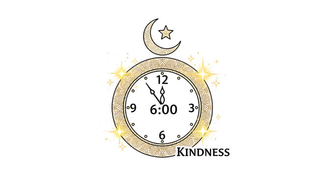 Hand drawn clock with crescent moon and star symbolizing kindness at 6 o'clock