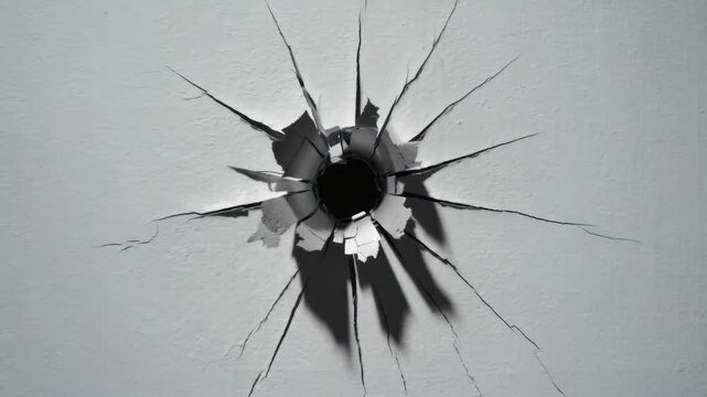 Hole in white wall with radiating cracks and broken edge