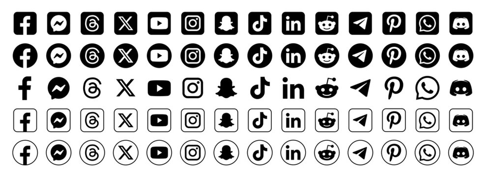 New 2026 black social media icon collection. Isolated vector logos of popular social networks such as Facebook, Threads, X, YouTube, Instagram, and Snapchat.