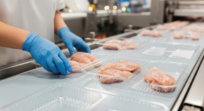 Close up of worker in blue gloves packaging raw chicken breast fillets on a conveyor belt in a modern food processing factory, illustrating quality control and hygiene standards.