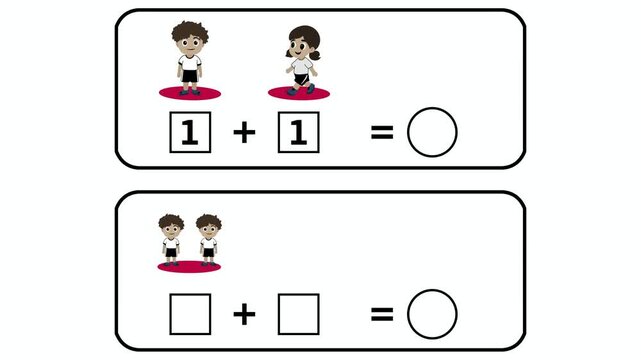 childhood math illustration showing simple addition with children characters. Visual learning concept for preschool and kindergarten students to understand counting, basic sums, number relationships