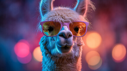 A llama wearing trendy sunglasses with a vibrant bokeh background at night