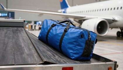 Baggage handling process at airport blue duffel bag transportation environment air travel perspective