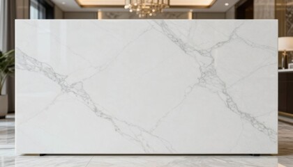 Fototapeta premium Sleek marble reception desk modern office interior design elegant environment wide angle contemporary aesthetic