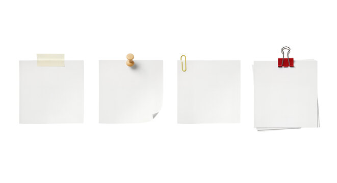 Blank sticky notes with clips and pins on white background