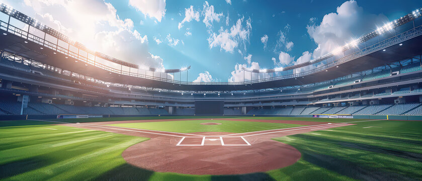 Empty baseball stadium under bright sunlight with green field and blue sky. Professional sports venue, calm atmosphere, symmetry, preparation and outdoor arena setting.