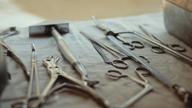 Medical procedure in historical World War II military reenactment, forceps, clamps, scissors, bone hammer. Medical tools, sharp, blunt instruments.
