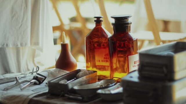 Historical reenactment display of World War II era medicine. Amber bottles and surgical tools arranged for medical treatment. Medical instruments supplies on table in tent.