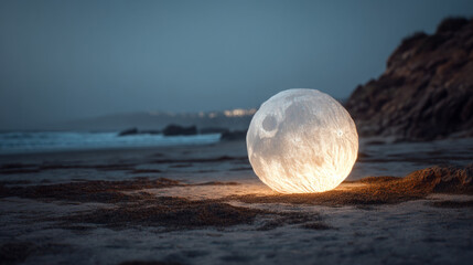 A glowing moon-like lamp sits on a sandy beach at dusk
