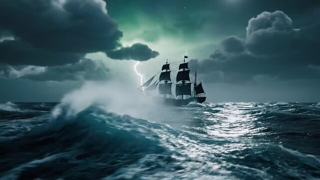 Old sailing ship navigating rough ocean during thunderstorm with lightning and dark clouds, dramatic seascape with tall ship at night, maritime adventure concept