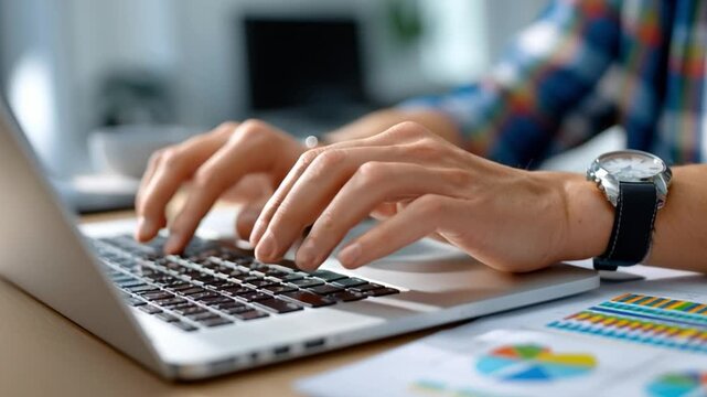 Hands at Work on a Laptop: Hands engaged in focused work, typing on a modern laptop amidst a workspace environment, implying productivity and digital interaction. 