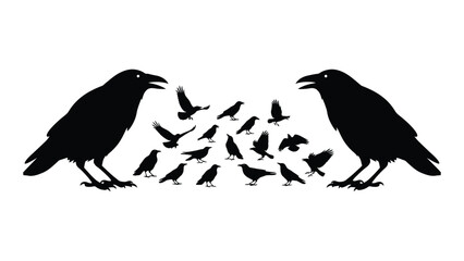 Fototapeta premium Two large black birds facing each other with a flock of smaller birds between them Vector