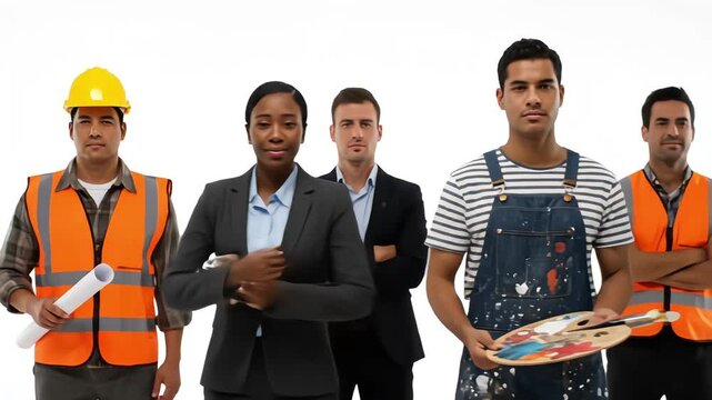 Diverse group of professionals from different occupations standing together against a white background