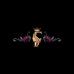Elegant F letter logo with a womans profile, crown, and roses.