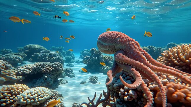 A mesmerizing underwater ecosystem showcasing a majestic octopus gracefully resting on vibrant coral formations, surrounded by an abundance of colorful tropical fish in crystal-clear ocean waters