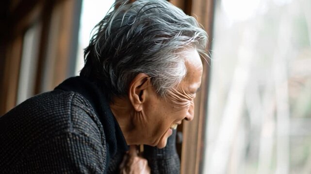 Serene Contemplation: An elderly person gazes out a window, lost in peaceful thought and gentle reflection, revealing a life of wisdom and experience.