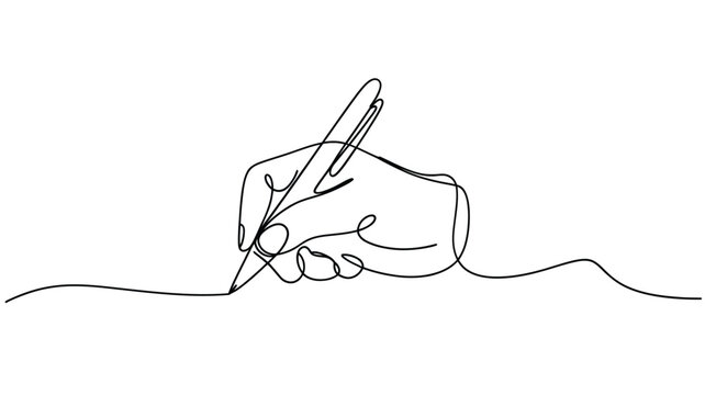 A continuous line drawing of a hand holding and using a pen