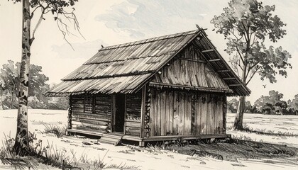 Rustic Cabin in a Field - A Detailed Pen and Ink Drawing.