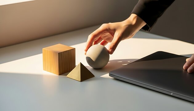 Minimalist Arrangement of Geometric Shapes and Hand with Laptop.