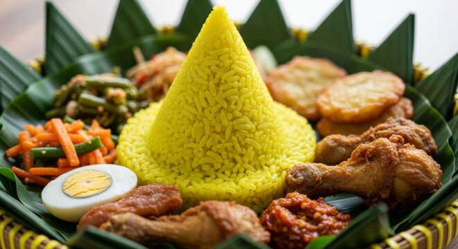 Nasi Tumpeng: Indonesian Cone-Shaped Yellow Rice dish with side dishes
