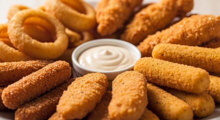 Appetizer Platter: Crispy Fried Onion Rings, Chicken Tenders, and Mozzarella Sticks with Dip