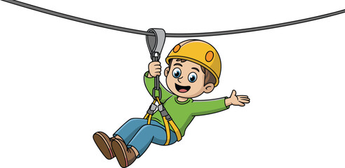 Child zip line ride, adventure activity, safety helmet, harness gear, outdoor fun, cartoon illustration, playful design, sports recreation, cad drawing flat vector illustration © Jui Creatives