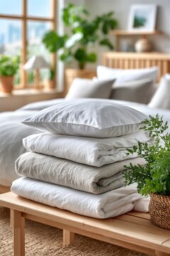  Almohadas y ropa de cama blanca apiladas en un banco de madera junto a una ventana soleada.
