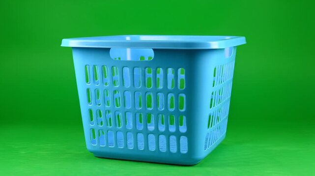 Empty blue plastic laundry basket isolated on green screen background