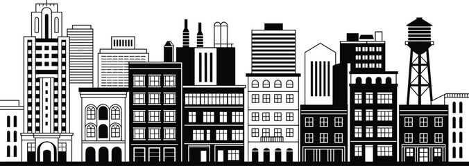City skyline silhouette, urban architecture, high-rise buildings, smokestacks, water tower, apartment blocks, dense urban scene, graphic design, cad drawing flat vector illustration © Jui Creatives