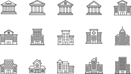 Fototapeta premium Outline building icons vector set with museum government office hospital residential and city architecture line symbols